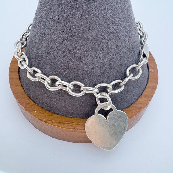 VTG Sterling Silver 925 Heart Tag Round Link Chain Bracelet Size 8.5" Length - Picture 1 of 9